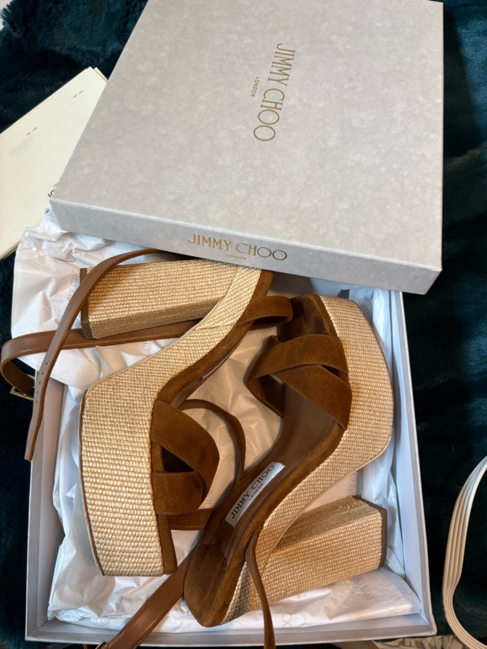 Jimmy Choo Brown Suede and Beige Woven Platform Sandals